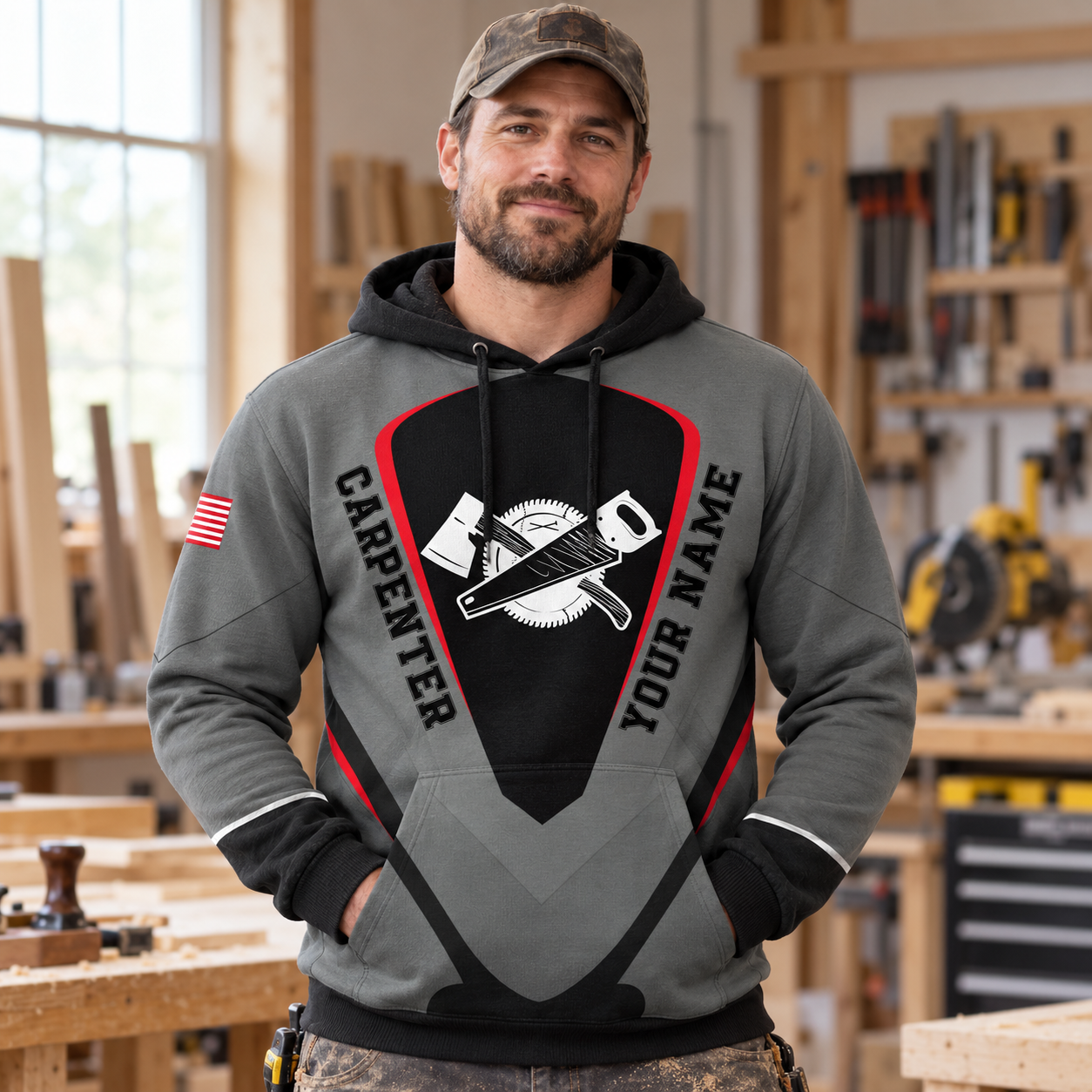 Personalized carpenter hoodie featuring grey red crossed tools all-over print, worn by a model