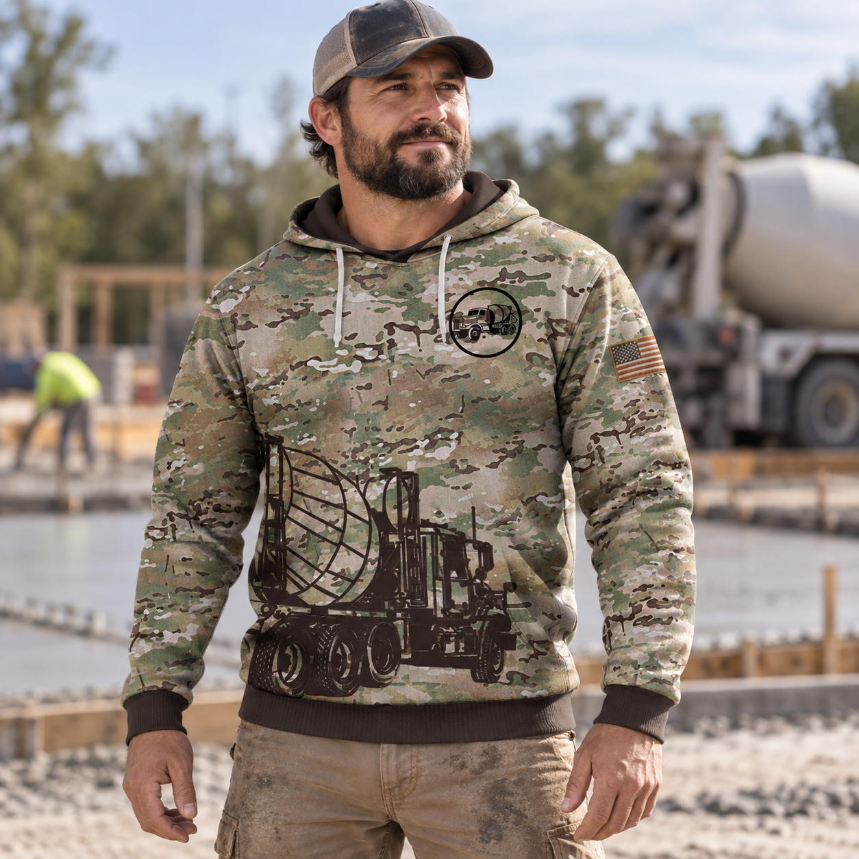 Concrete finisher hoodie featuring woodland camouflage concrete finisher all-over print, worn by a model