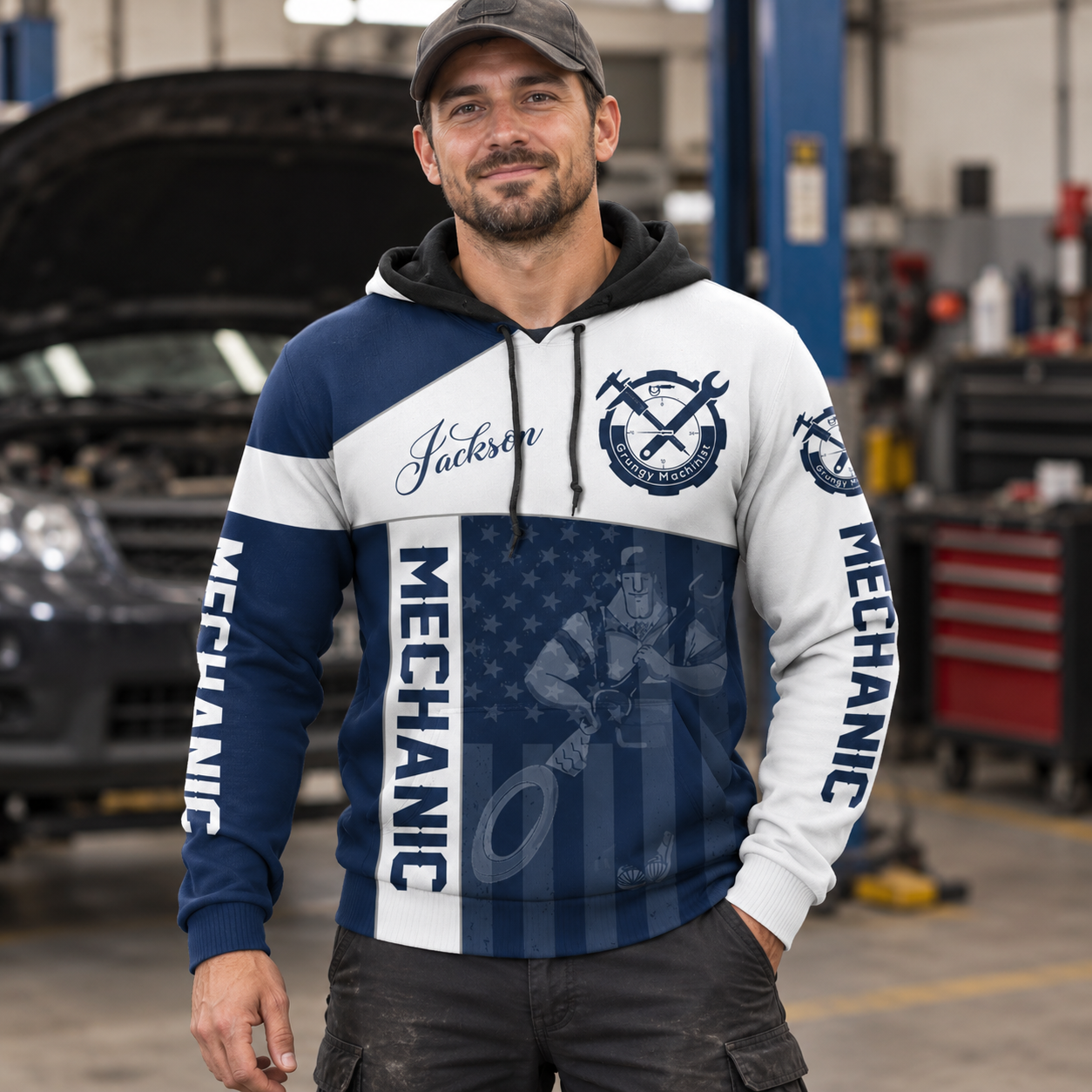 Personalized mechanic hoodie featuring navy white crossed tools all-over print, worn by a model