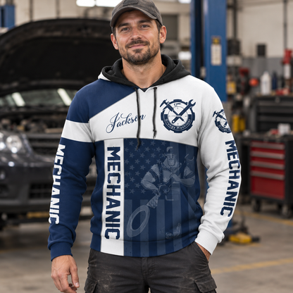 Personalized mechanic hoodie featuring navy white crossed tools all-over print, worn by a model