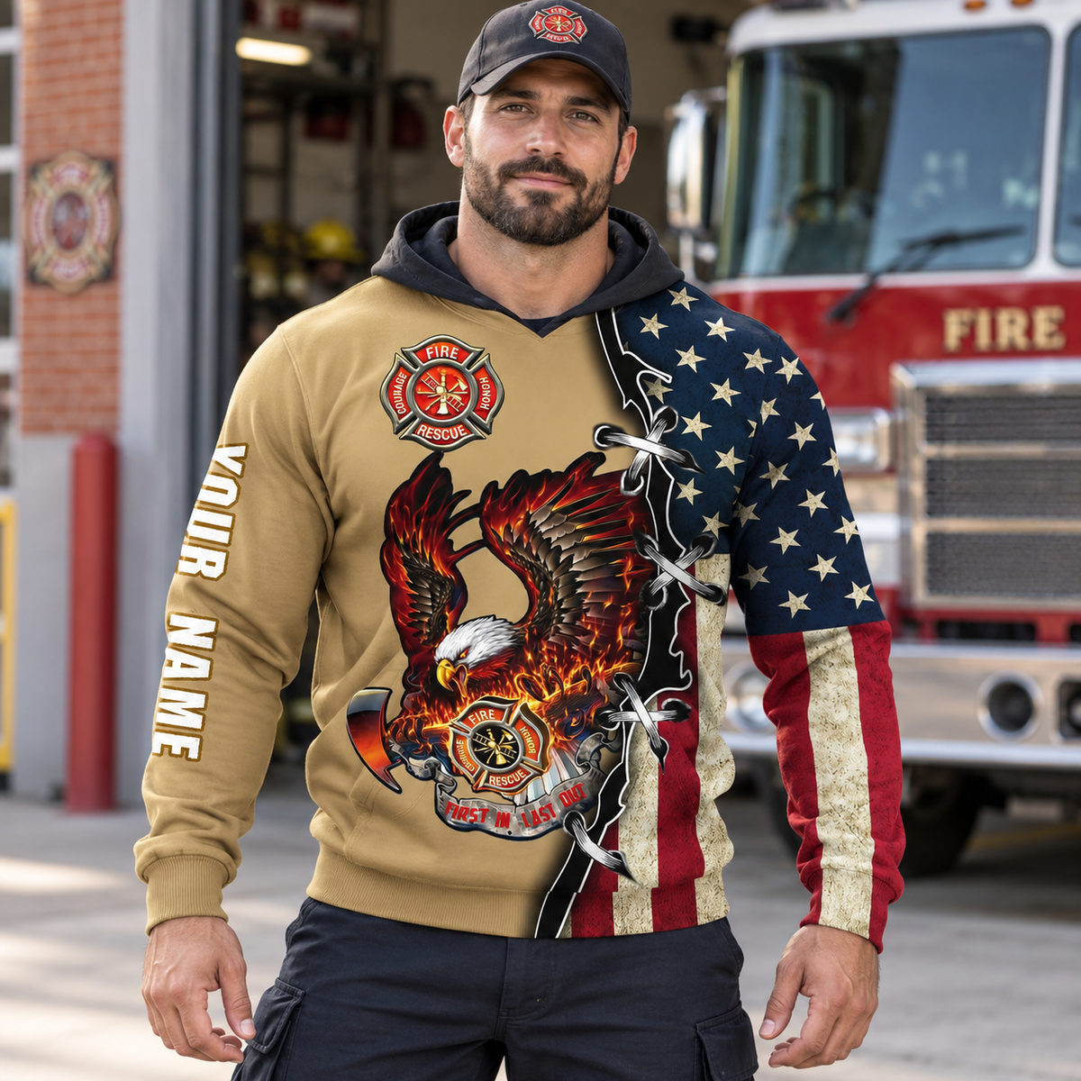Personalized firefighter hoodie featuring flame eagle and american flag all-over print, worn by a model