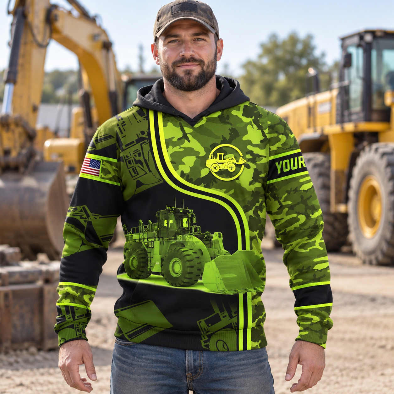 Personalized wheel loader operator hoodie featuring green camo wheel loader all-over print, worn by a model