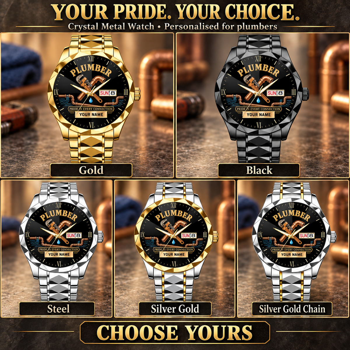 Personalized Plumber Crystal Metal Watch - Faceted Legacy - advertising image