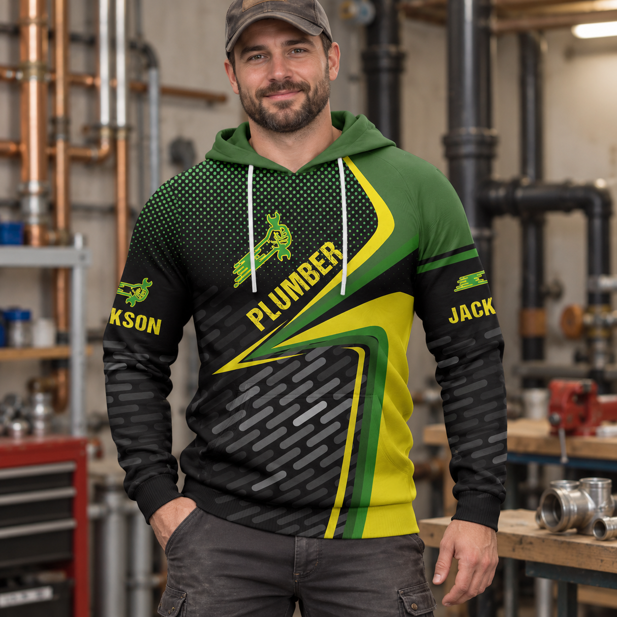 Personalized plumber hoodie featuring green yellow diagonal plumber badge all-over print, worn by a model