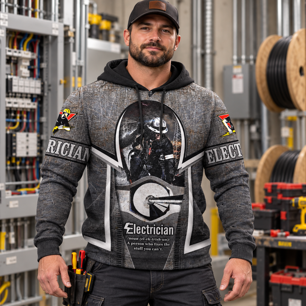 Personalized electrician hoodie featuring dark skull all-over print, worn by a model