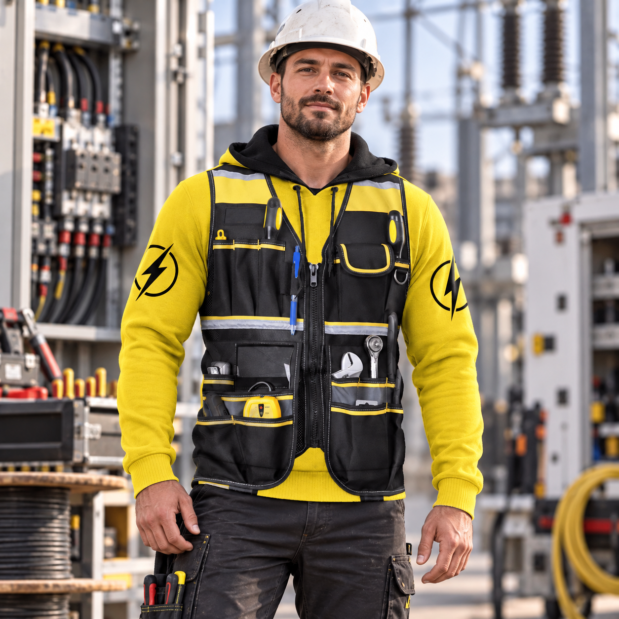Personalized electrician hoodie featuring yellow utility belt print all-over print, worn by a model