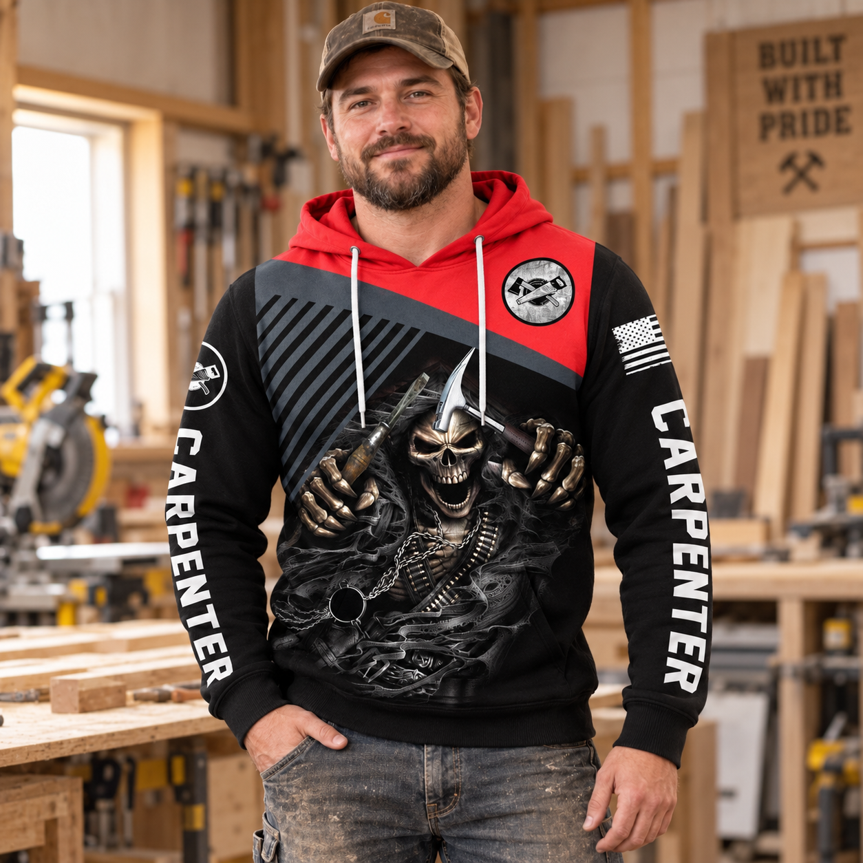 Personalized carpenter hoodie featuring red black hooded skull all-over print, worn by a model