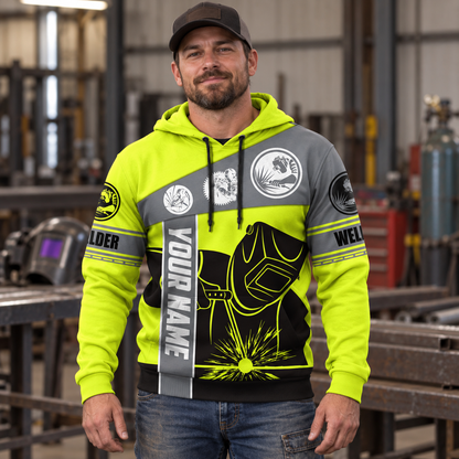 Personalized welder hoodie featuring neon yellow welding helmet all-over print, worn by a model