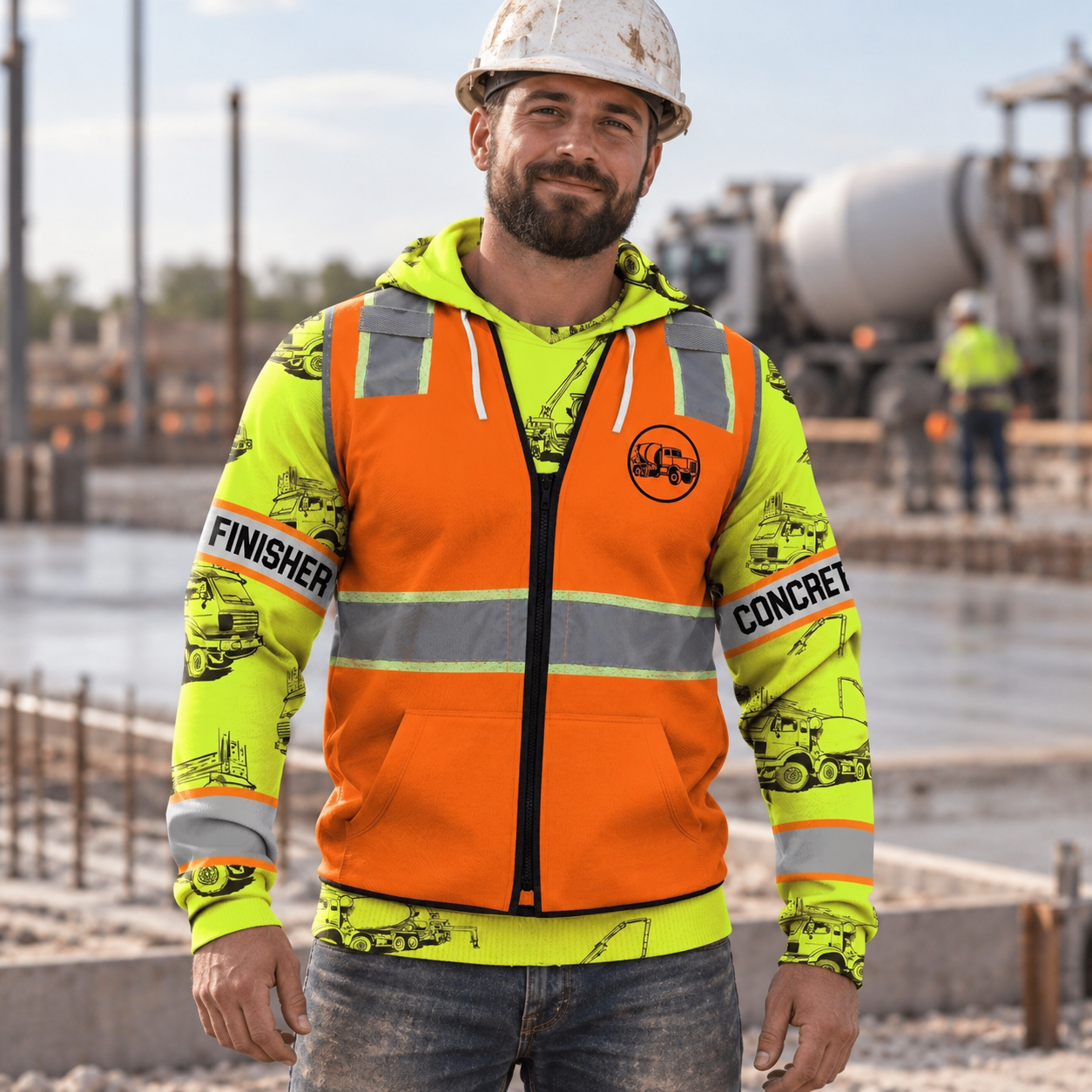 Concrete finisher hoodie featuring orange zip vest print and yellow sleeves all-over print, worn by a model