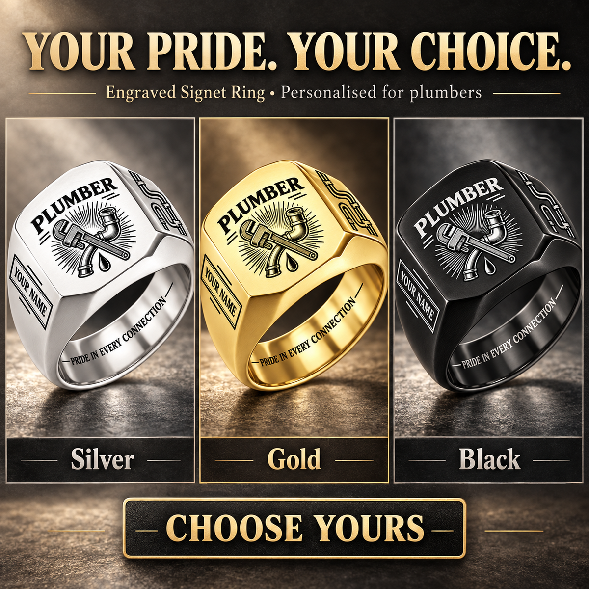 Personalized Plumber Engraved Signet Ring - Sunburst Legacy - advertising image