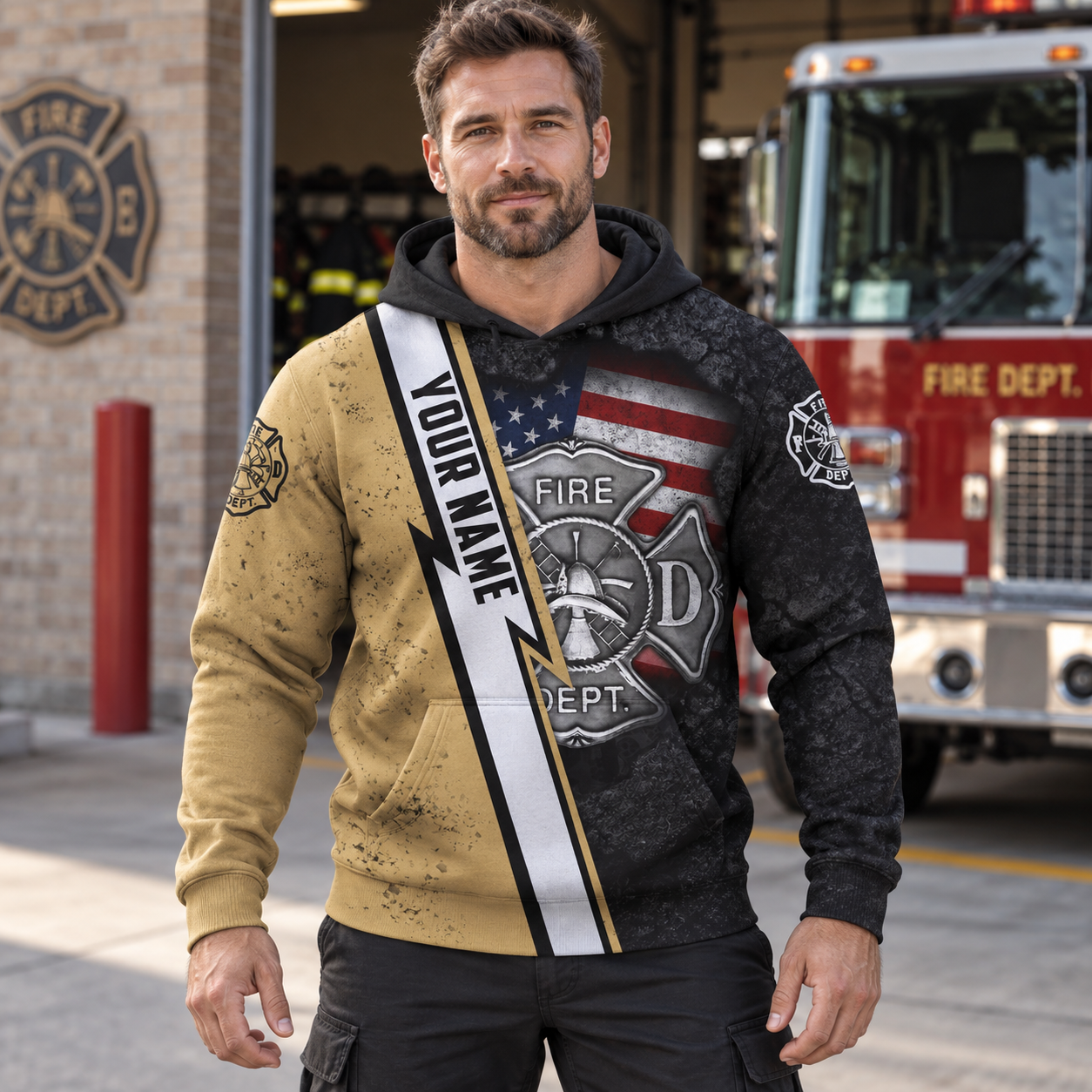 Personalized firefighter hoodie featuring fire department name stripe all-over print, worn by a model