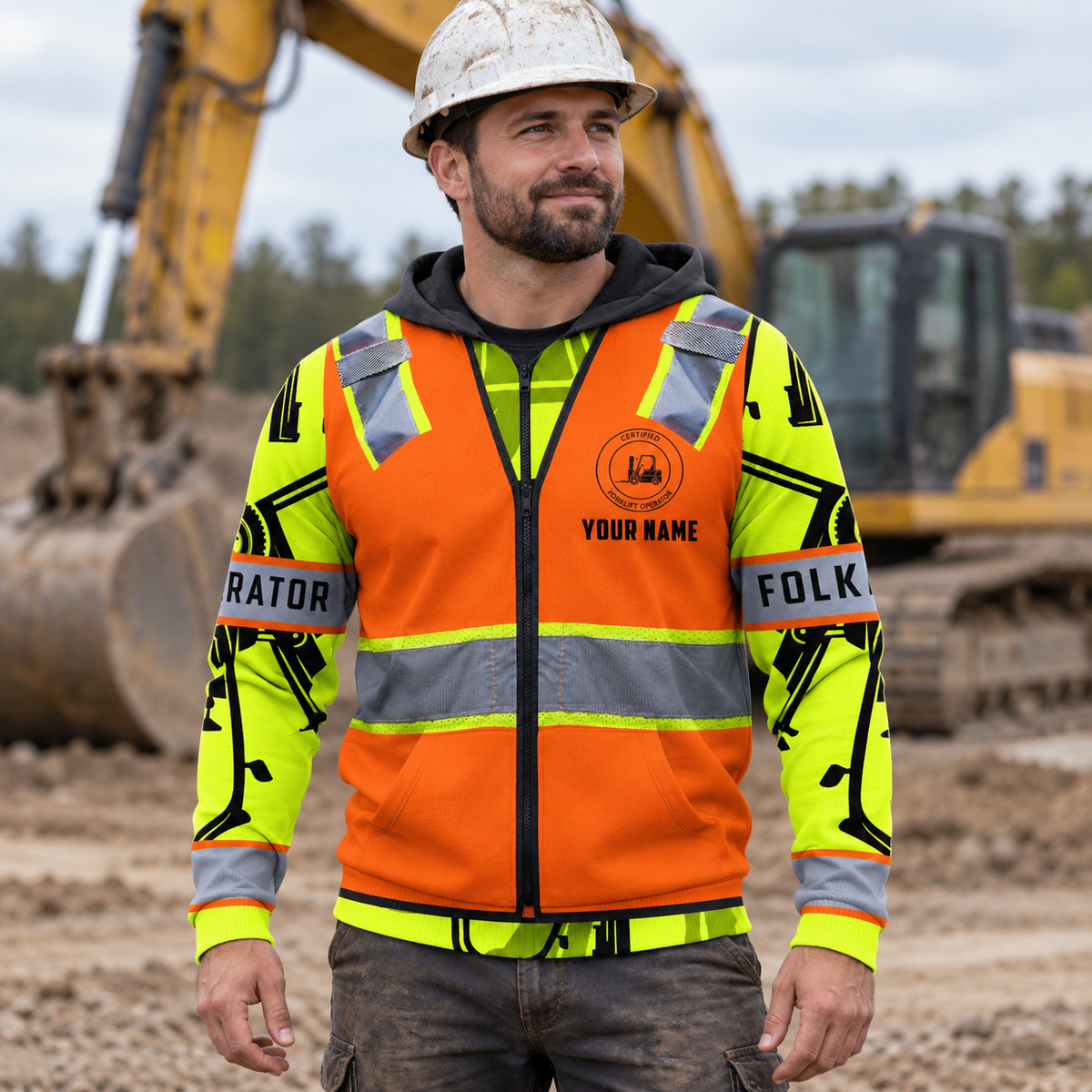 Personalized forklift operator hoodie featuring orange vest print heavy equipment all-over print, worn by a model