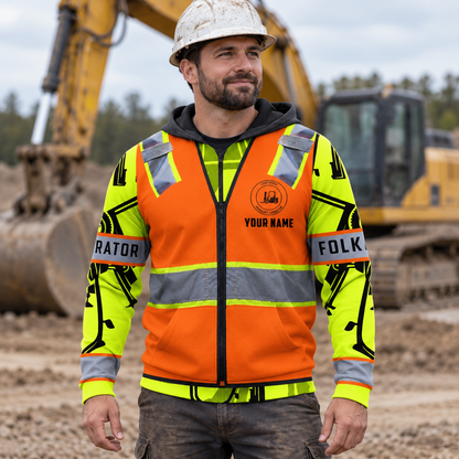 Personalized forklift operator hoodie featuring orange vest print heavy equipment all-over print, worn by a model