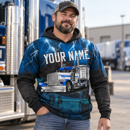Personalized trucker hoodie featuring blue lightning semi truck all-over print, worn by a model