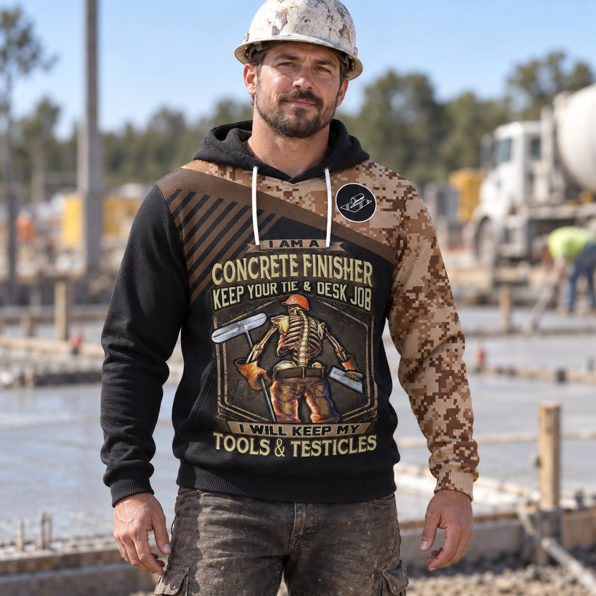 Concrete finisher hoodie featuring brown camouflage concrete skeleton quote all-over print, worn by a model