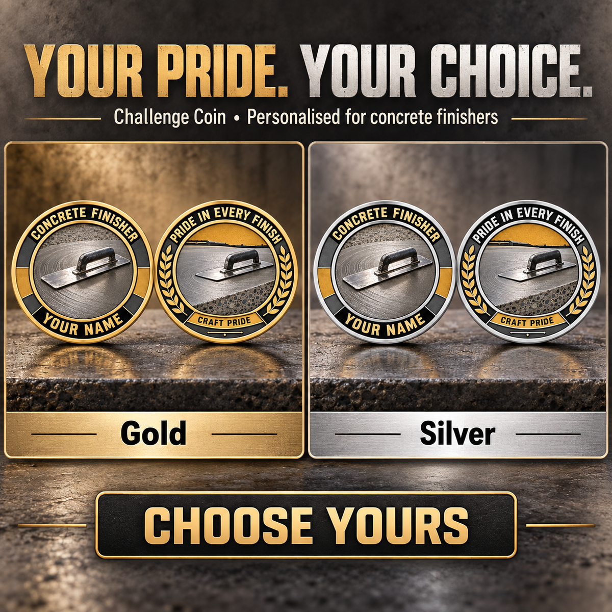 Personalized Concrete Finisher Challenge Coin - Heritage Tribute - advertising image