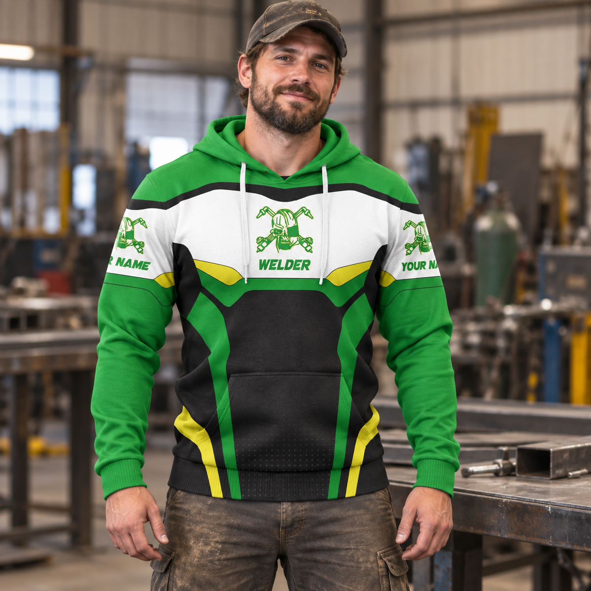 Personalized welder hoodie featuring green white welding badge all-over print, worn by a model