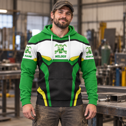Personalized welder hoodie featuring green white welding badge all-over print, worn by a model