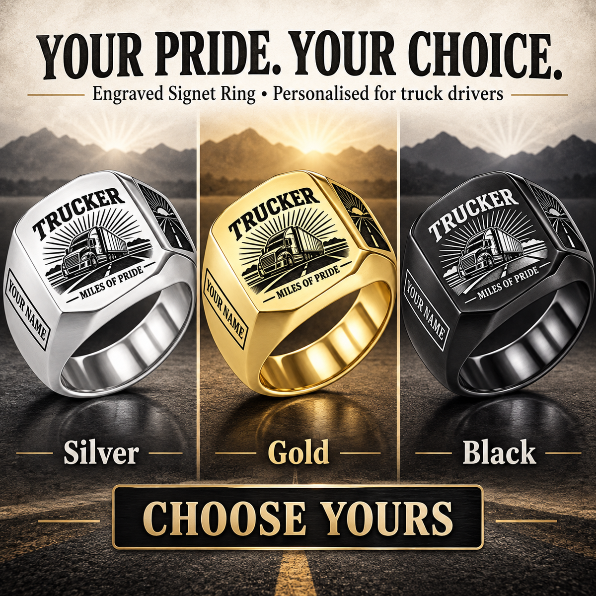Personalized Trucker Engraved Signet Ring - Sunburst Legacy - advertising image