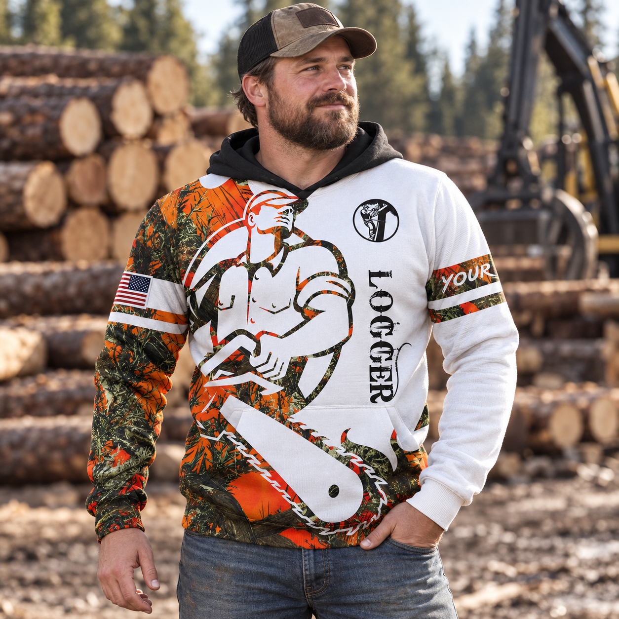 Personalized logger hoodie featuring white camouflage cartoon lumberjack all-over print, worn by a model