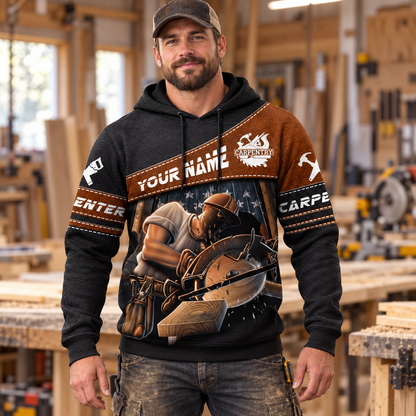 Personalized carpenter hoodie featuring brown diagonal band circular saw all-over print, worn by a model