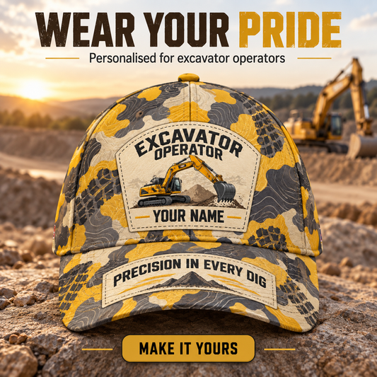 Personalized Excavator Operator Camo Baseball Cap - Patchwork Pride - advertising image