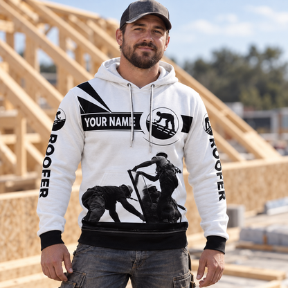Roofer hoodie featuring white roofer silhouette all-over print, worn by a model