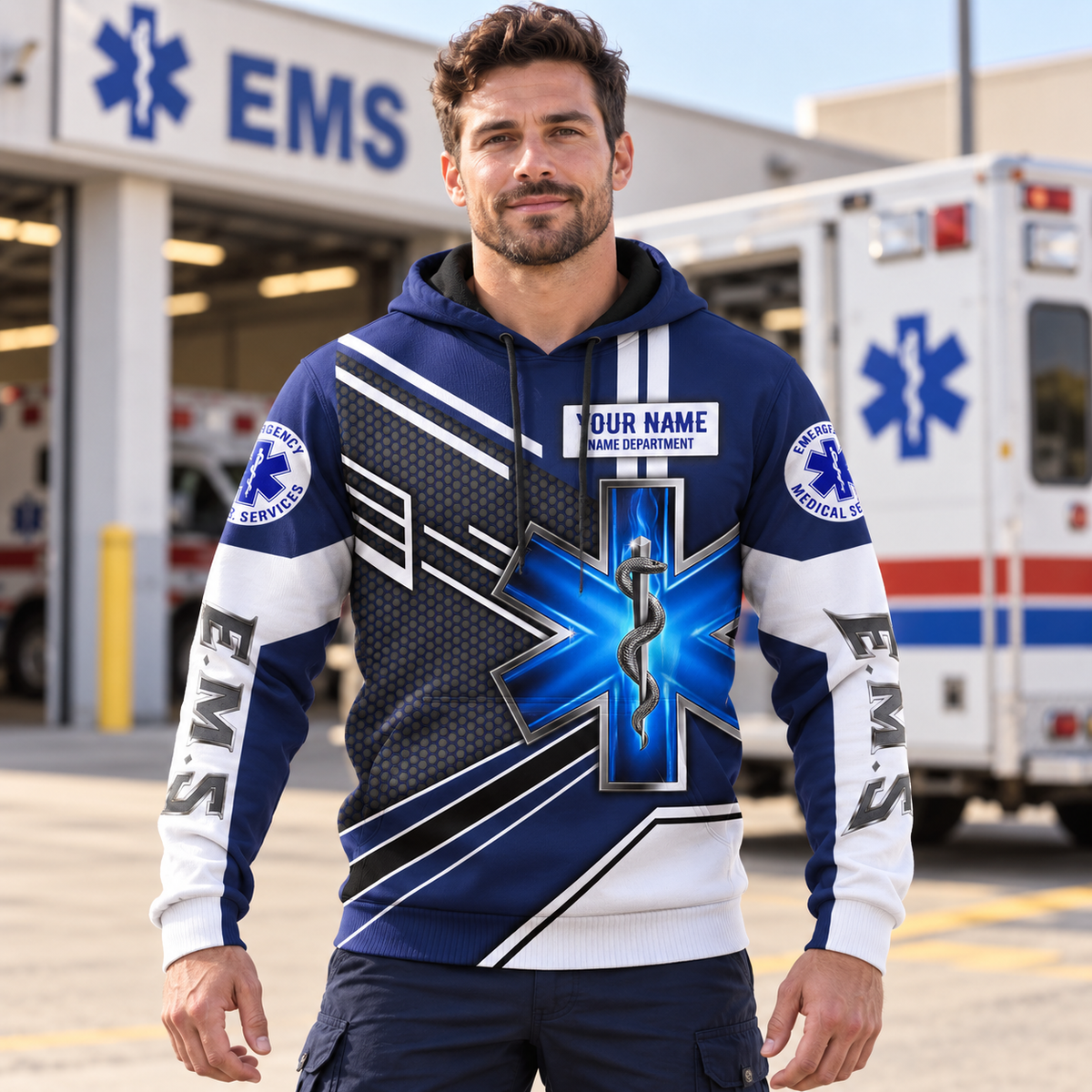 Personalized EMS paramedic hoodie featuring navy and white ems emblem all-over print, worn by a model