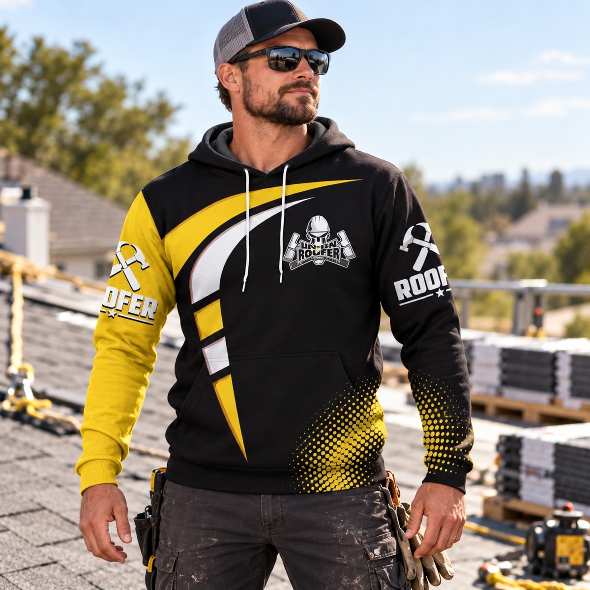 Roofer hoodie featuring black yellow roofer legend all-over print, worn by a model