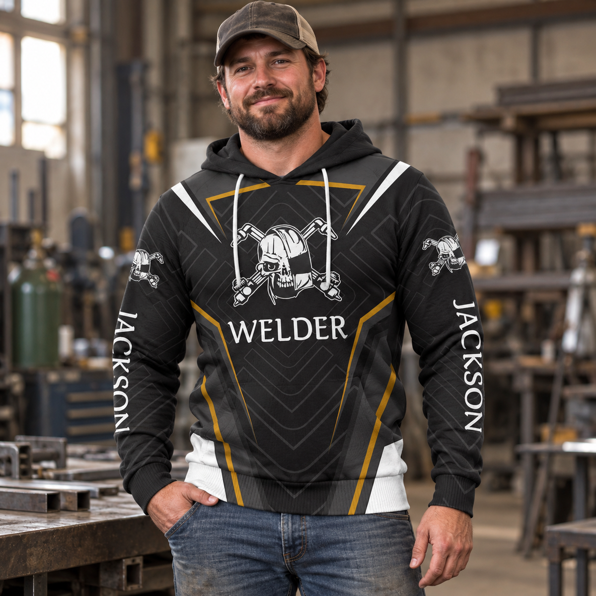 Personalized welder hoodie featuring black white gold welder badge all-over print, worn by a model