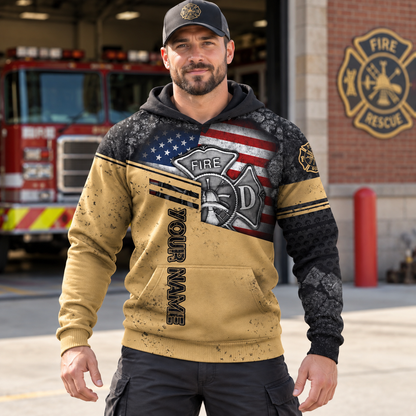 Personalized firefighter hoodie featuring tan flag fire department print all-over print, worn by a model