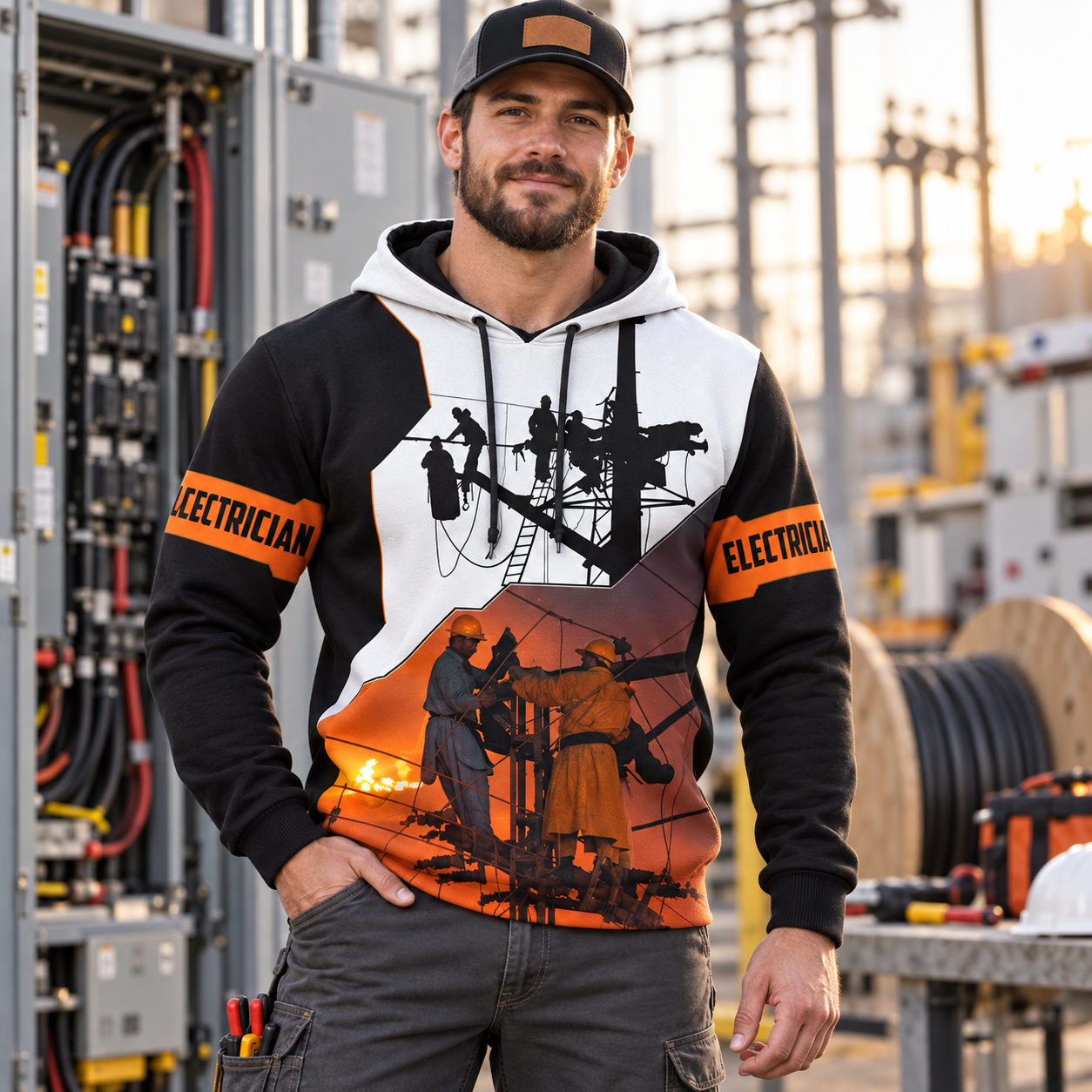 Personalized electrician hoodie featuring orange powerline all-over print, worn by a model