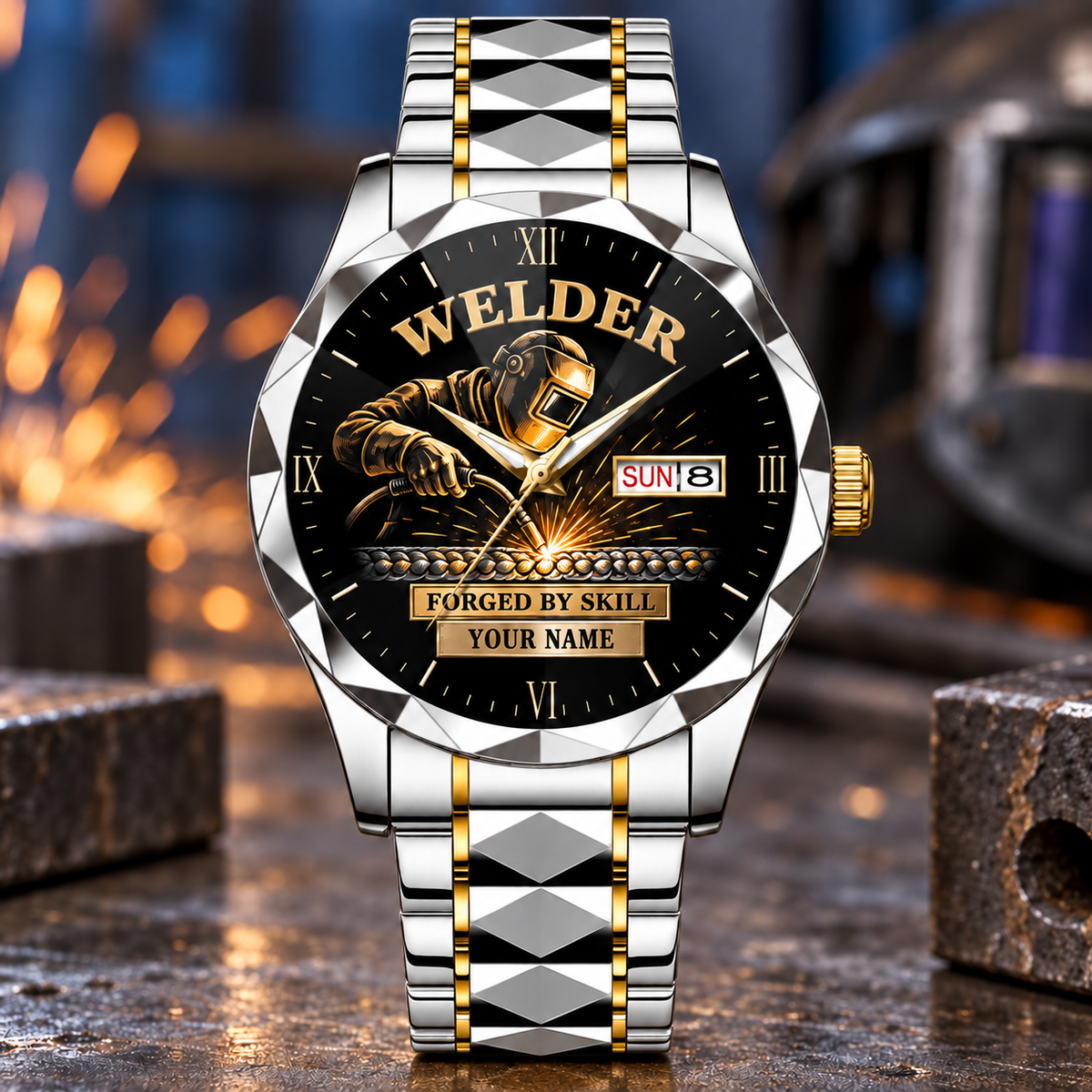 Personalized Welder Crystal Metal Watch - Faceted Legacy - Silver Gold Chain