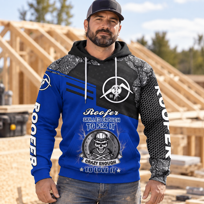 Roofer hoodie featuring blue black roofer skull quote all-over print, worn by a model