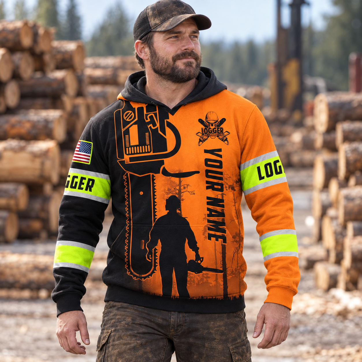 Personalized logger hoodie featuring orange black logger silhouette all-over print, worn by a model