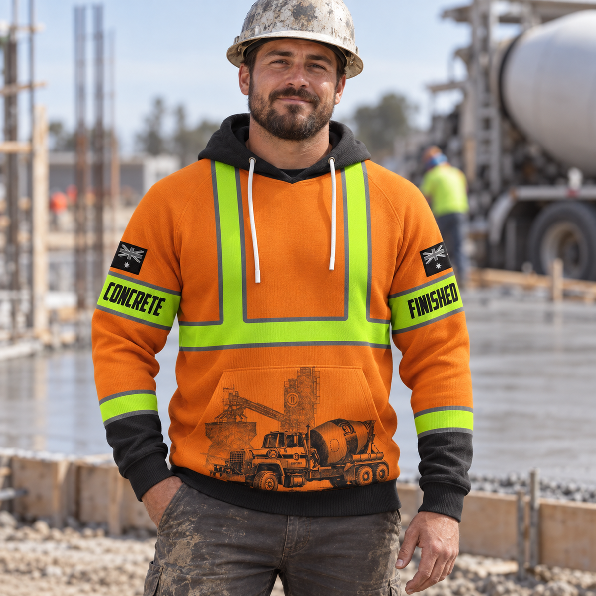 Concrete finisher hoodie featuring orange vest print and concrete mixer all-over print, worn by a model