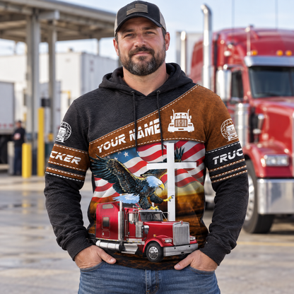 Personalized trucker hoodie featuring trucker eagle and flag print all-over print, worn by a model