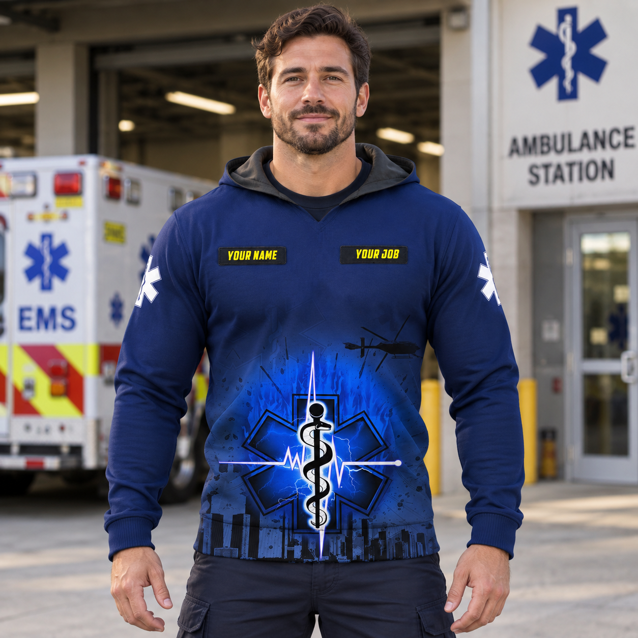 Personalized EMS paramedic hoodie featuring navy star of life city print all-over print, worn by a model