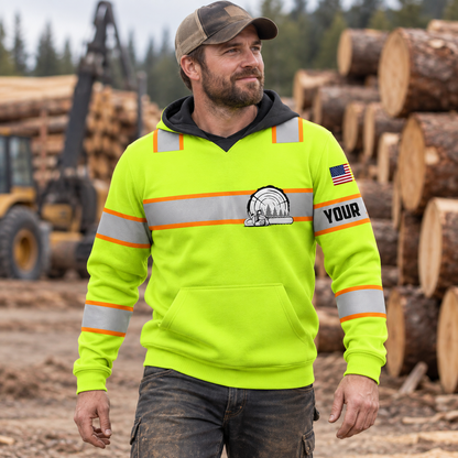 Personalized logger hoodie featuring neon yellow orange stripe logger badge all-over print, worn by a model