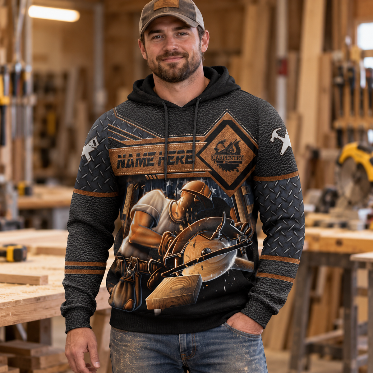 Personalized carpenter hoodie featuring brown diamond panel circular saw all-over print, worn by a model