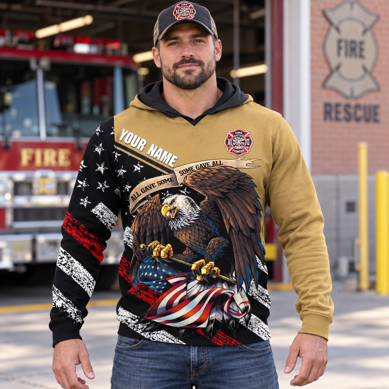 Personalized firefighter hoodie featuring eagle all gave some print all-over print, worn by a model