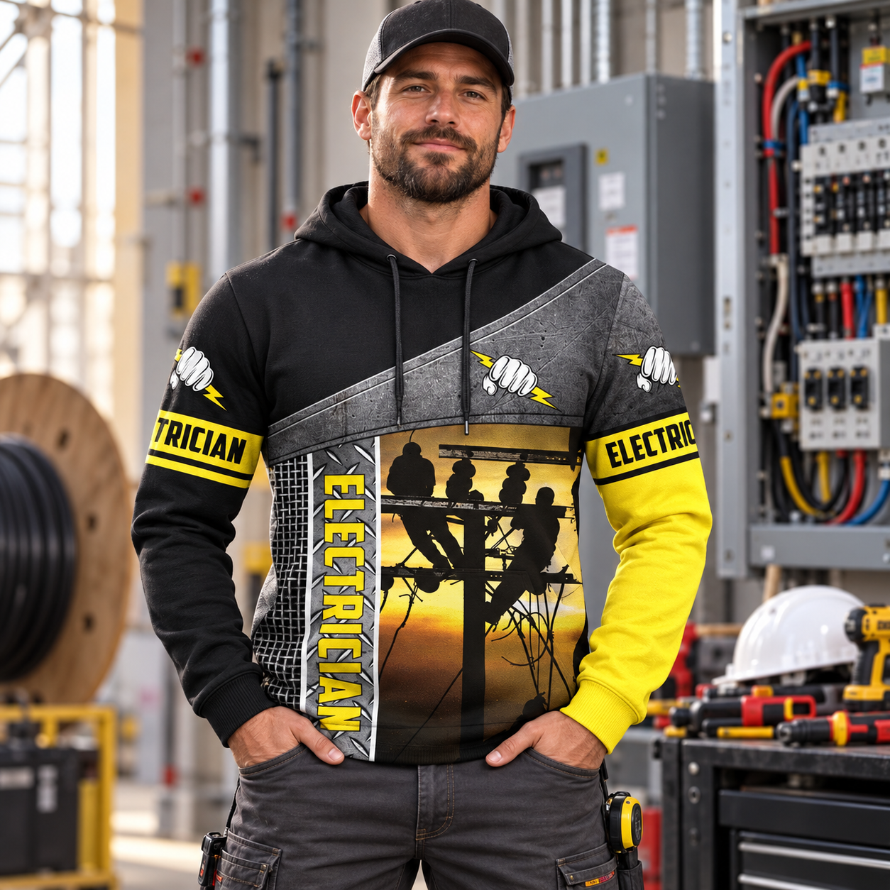 Personalized electrician hoodie featuring yellow sunset powerlines all-over print, worn by a model