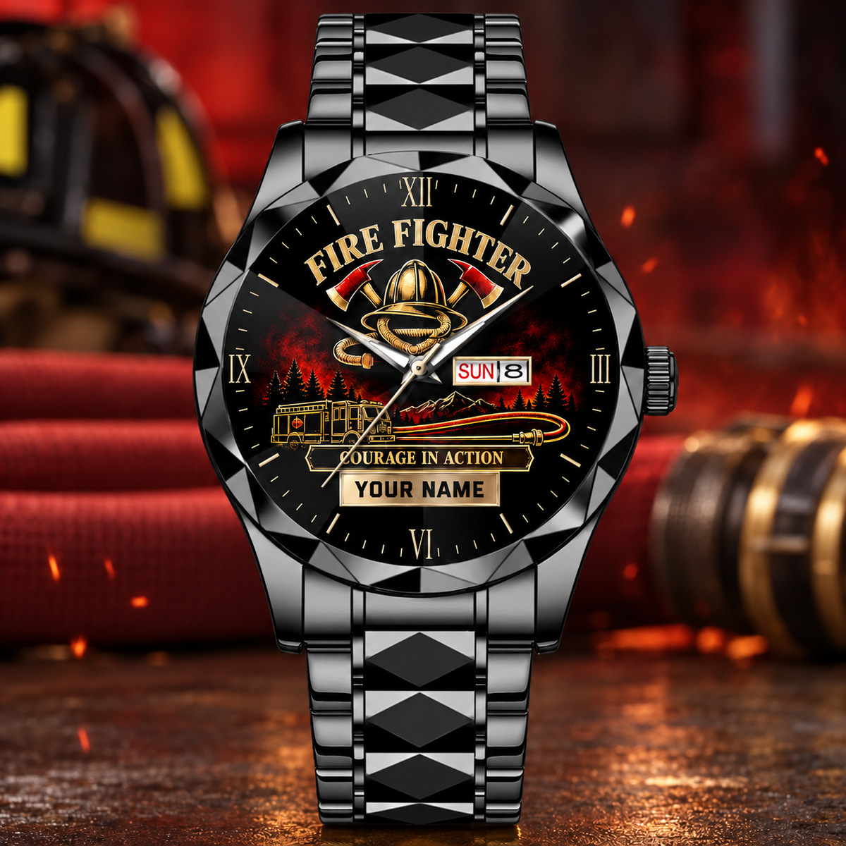 Personalized Fire Fighter Crystal Metal Watch - Faceted Legacy - Black