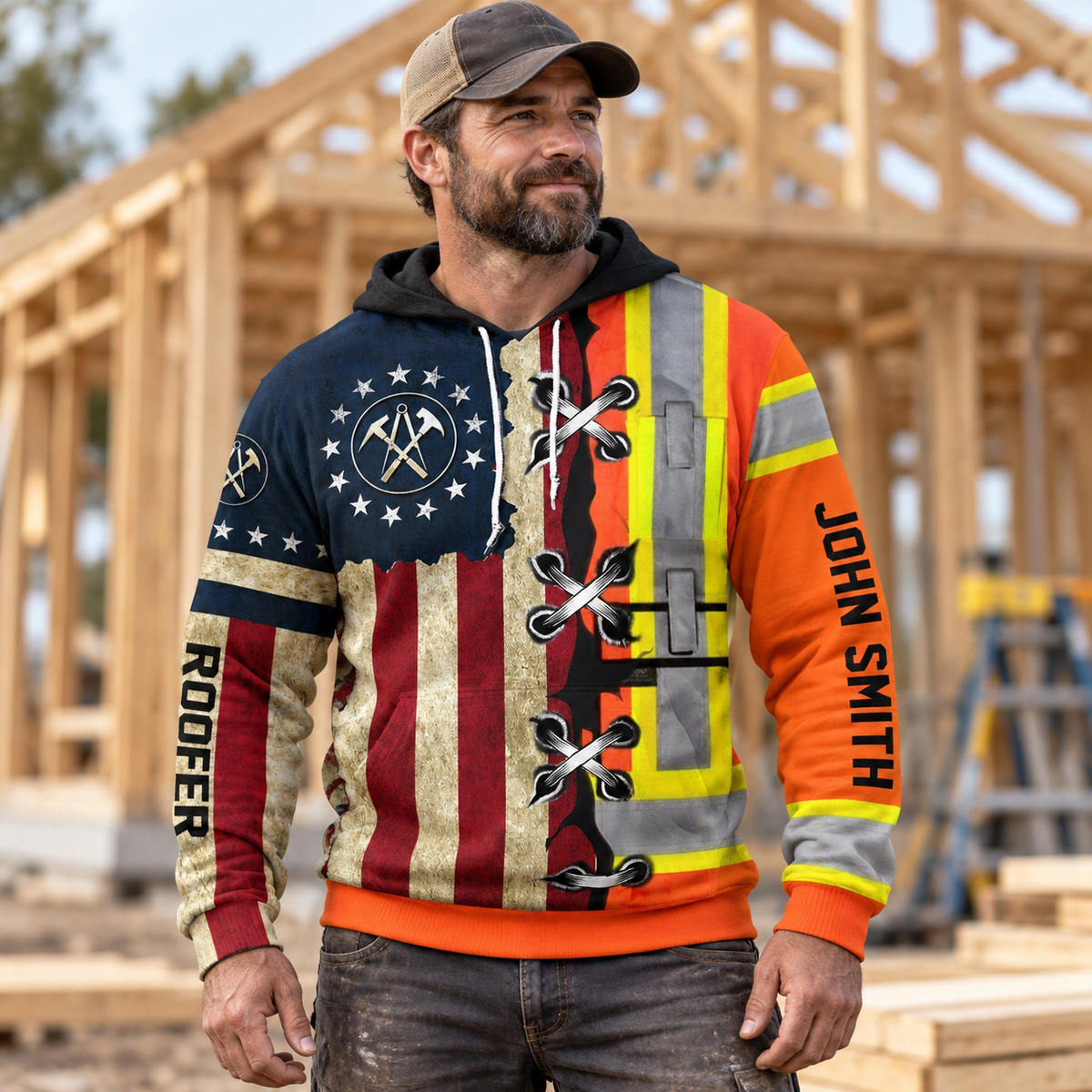Roofer hoodie featuring american flag orange stripe print all-over print, worn by a model