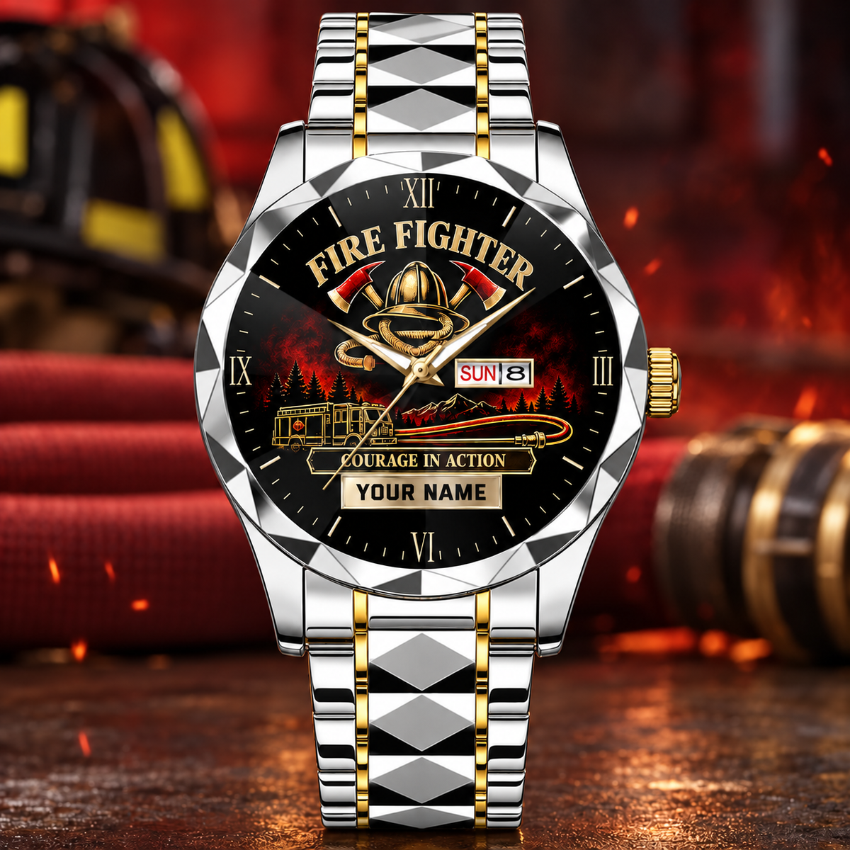 Personalized Fire Fighter Crystal Metal Watch - Faceted Legacy - Silver Gold Chain