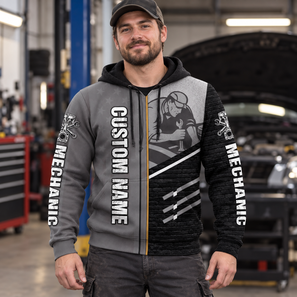 Personalized mechanic hoodie featuring grey black mechanic at work all-over print, worn by a model