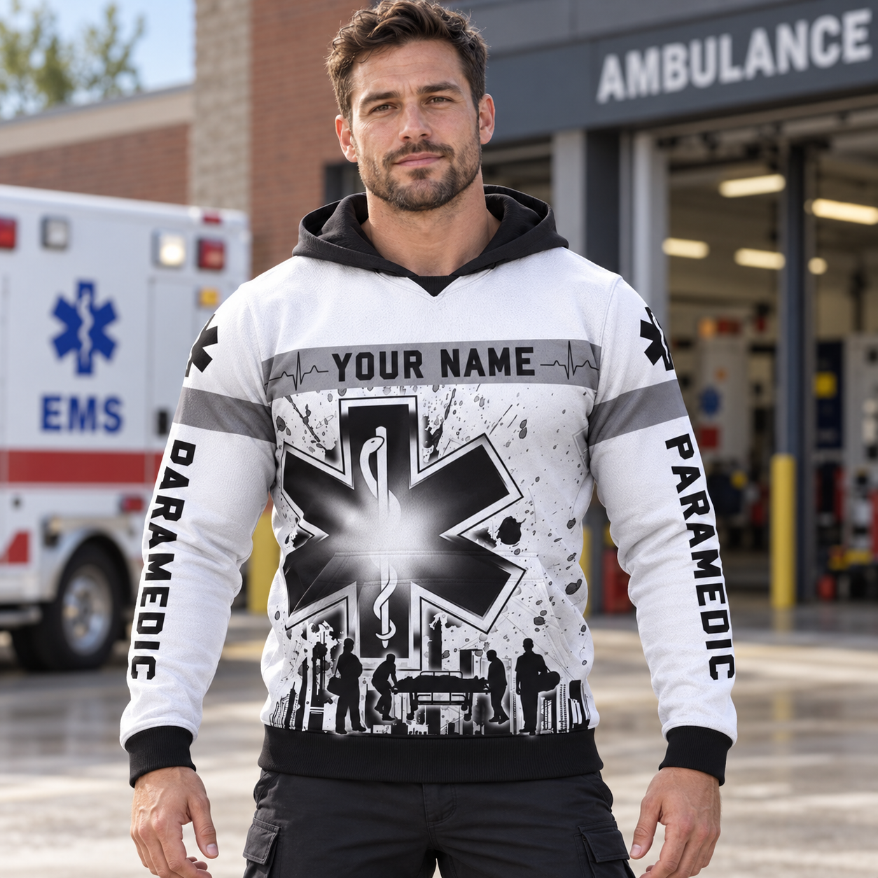 Personalized EMS paramedic hoodie featuring black and white paramedic print all-over print, worn by a model
