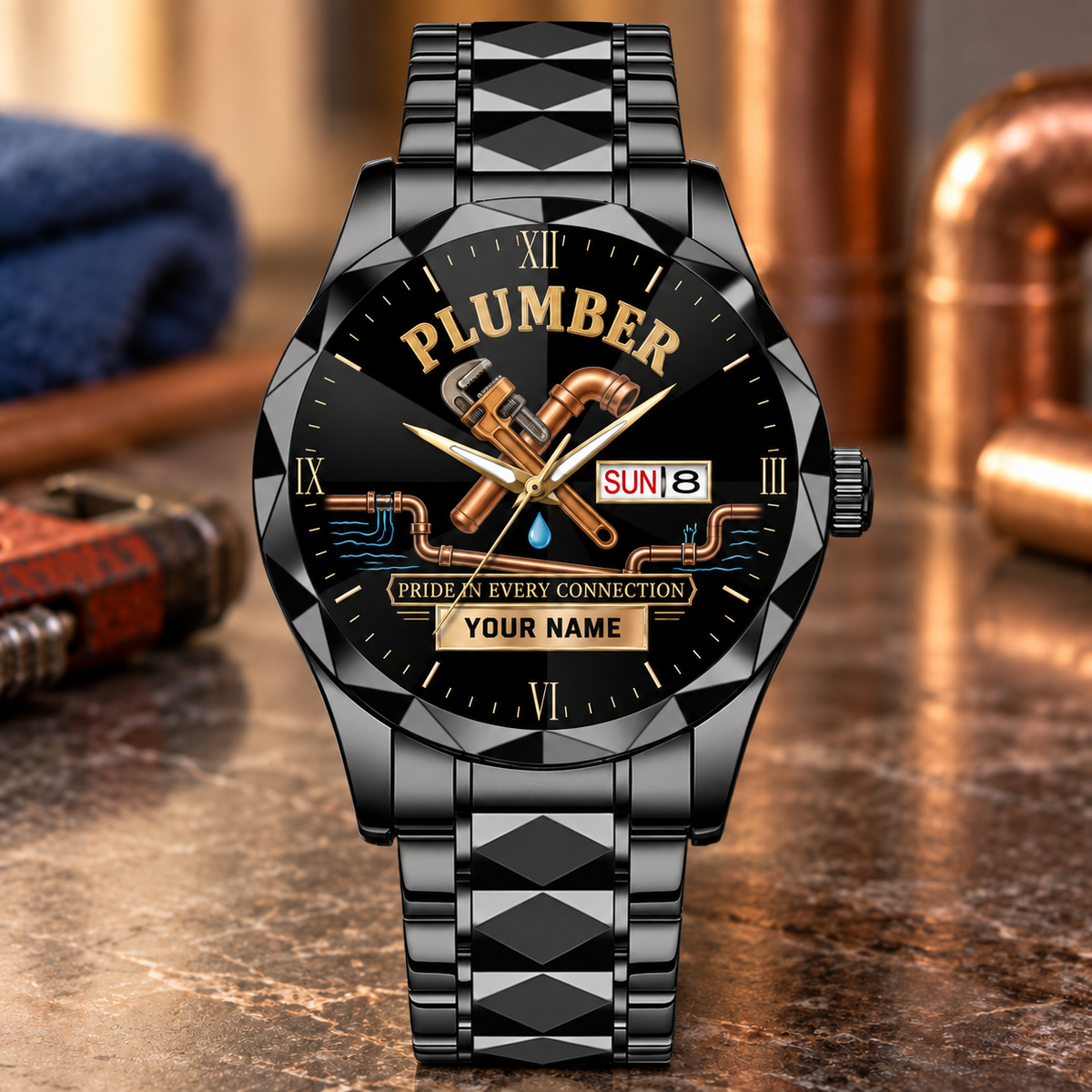 Personalized Plumber Crystal Metal Watch - Faceted Legacy - Black
