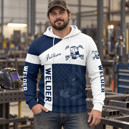 Personalized welder hoodie featuring navy white welding tools all-over print, worn by a model