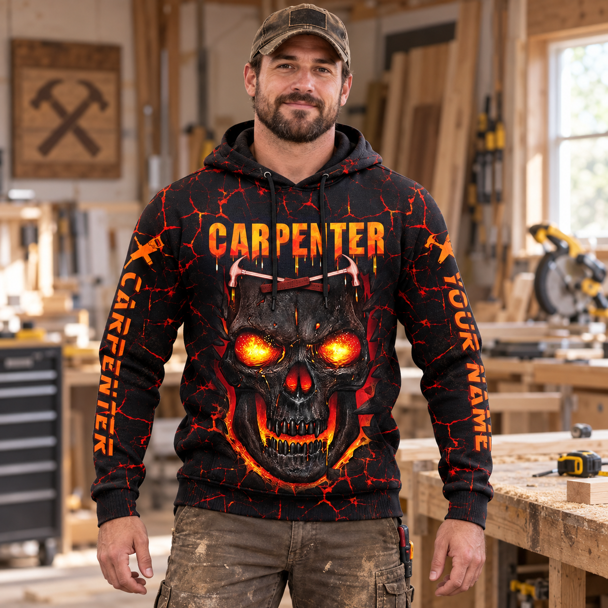 Personalized carpenter hoodie featuring fiery orange skull all-over print, worn by a model
